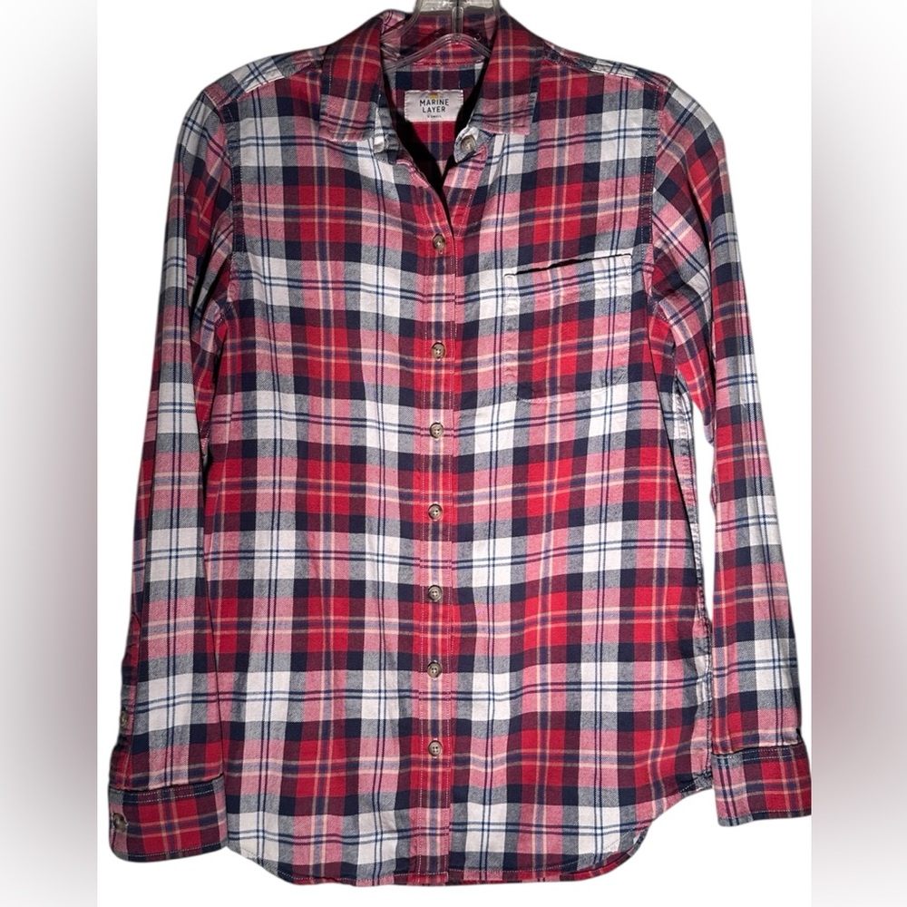 Marine Layer Plaid Button Down Shirt Red Blue White Soft Flannel Coastal Casual